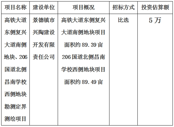 景德鎮(zhèn)市高鐵大道東側(cè)復興大道南側(cè)地塊、206國道北側(cè)昌南學校西側(cè)地塊勘測定界測繪項目計劃公告