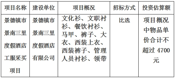 景德鎮(zhèn)市景南三里度假酒店工服采買項(xiàng)目計劃公告