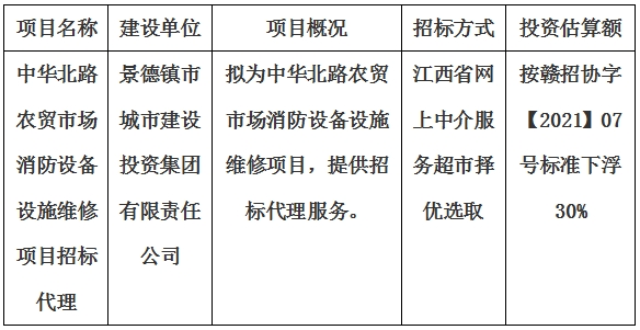 中華北路農(nóng)貿(mào)市場消防設備設施維修項目招標代理計劃公告