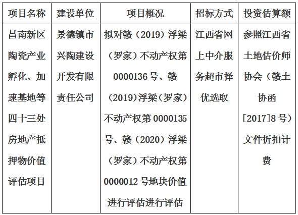 昌南新區(qū)陶瓷產(chǎn)業(yè)孵化、加速基地等四十三處房地產(chǎn)抵押物價(jià)值評(píng)估單位選取計(jì)劃公告