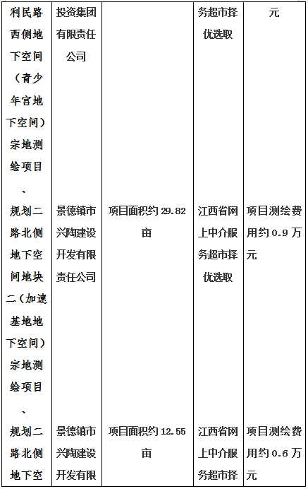 景德鎮(zhèn)市昌南新區(qū)LJ1-03-A01-1地塊、瓷都大道東側(cè)中渡口地下空間（格蘭云天大酒店地下空間）、光明大道北側(cè)利民路西側(cè)地下空間（青少年宮地下空間）、規(guī)劃二路北側(cè)地下空間地塊二（加速基地地下空間）、規(guī)劃二路北側(cè)地下空間地塊一（加速基地地下空間）、景德大道南側(cè)天寶橋西側(cè)地塊、景興大道東側(cè)如意路北側(cè)地下空間(社會公共服務(wù)