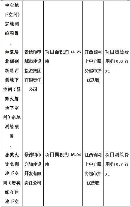 景德鎮(zhèn)市昌南新區(qū)LJ1-03-A01-1地塊、瓷都大道東側(cè)中渡口地下空間（格蘭云天大酒店地下空間）、光明大道北側(cè)利民路西側(cè)地下空間（青少年宮地下空間）、規(guī)劃二路北側(cè)地下空間地塊二（加速基地地下空間）、規(guī)劃二路北側(cè)地下空間地塊一（加速基地地下空間）、景德大道南側(cè)天寶橋西側(cè)地塊、景興大道東側(cè)如意路北側(cè)地下空間(社會公共服務(wù)