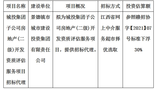 城投集團(tuán)子公司房地產(chǎn)(二級(jí))開(kāi)發(fā)資質(zhì)評(píng)估服務(wù)項(xiàng)目招標(biāo)代理計(jì)劃公告