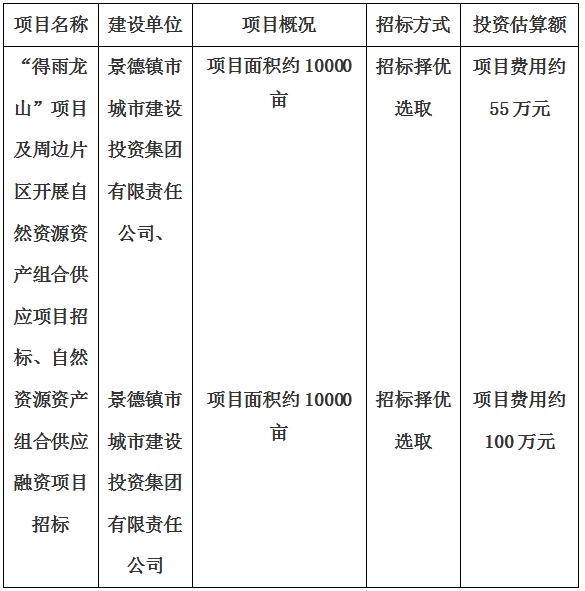 景德鎮(zhèn)市“得雨龍山”項目及周邊片區(qū)開展自然資源資產(chǎn)組合供應(yīng)項目、自然資源資產(chǎn)組合供應(yīng)融資項目招標(biāo)計劃公告