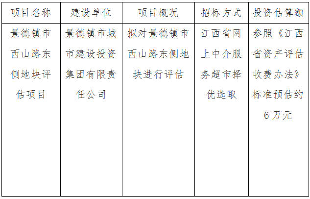 景德鎮(zhèn)市西山路東側(cè)地塊評估項(xiàng)目計劃公告