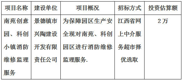 南苑、科創(chuàng)消防維修監(jiān)理服務項目計劃公告
