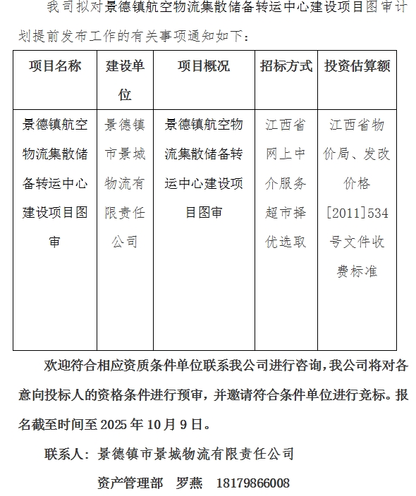 景德鎮(zhèn)航空物流集散儲備轉(zhuǎn)運中心建設(shè)項目圖審計劃公告