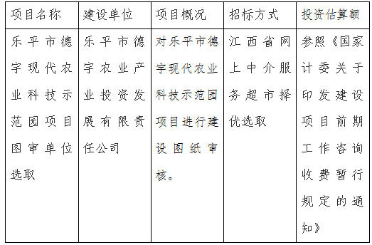 樂平市德宇現(xiàn)代農業(yè)科技示范園項目圖審單位選取項目計劃公告