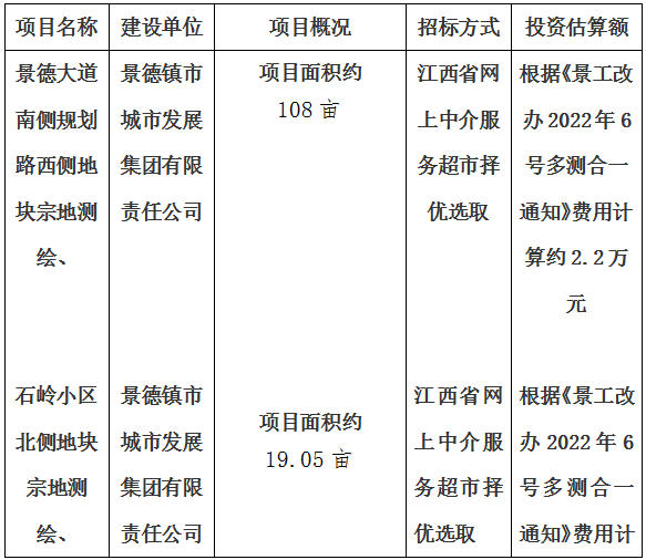 景德大道南側(cè)規(guī)劃路西側(cè)地塊宗地測繪、石嶺小區(qū)北側(cè)地塊宗地測繪、玉字亭路東側(cè)HX02-A07地塊宗地測繪、金嶺大道西側(cè)迎賓大道北側(cè)地塊宗地測繪項目計劃公告